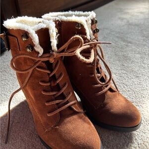 Me Too Brown Lace Up Boots with Faux Fur